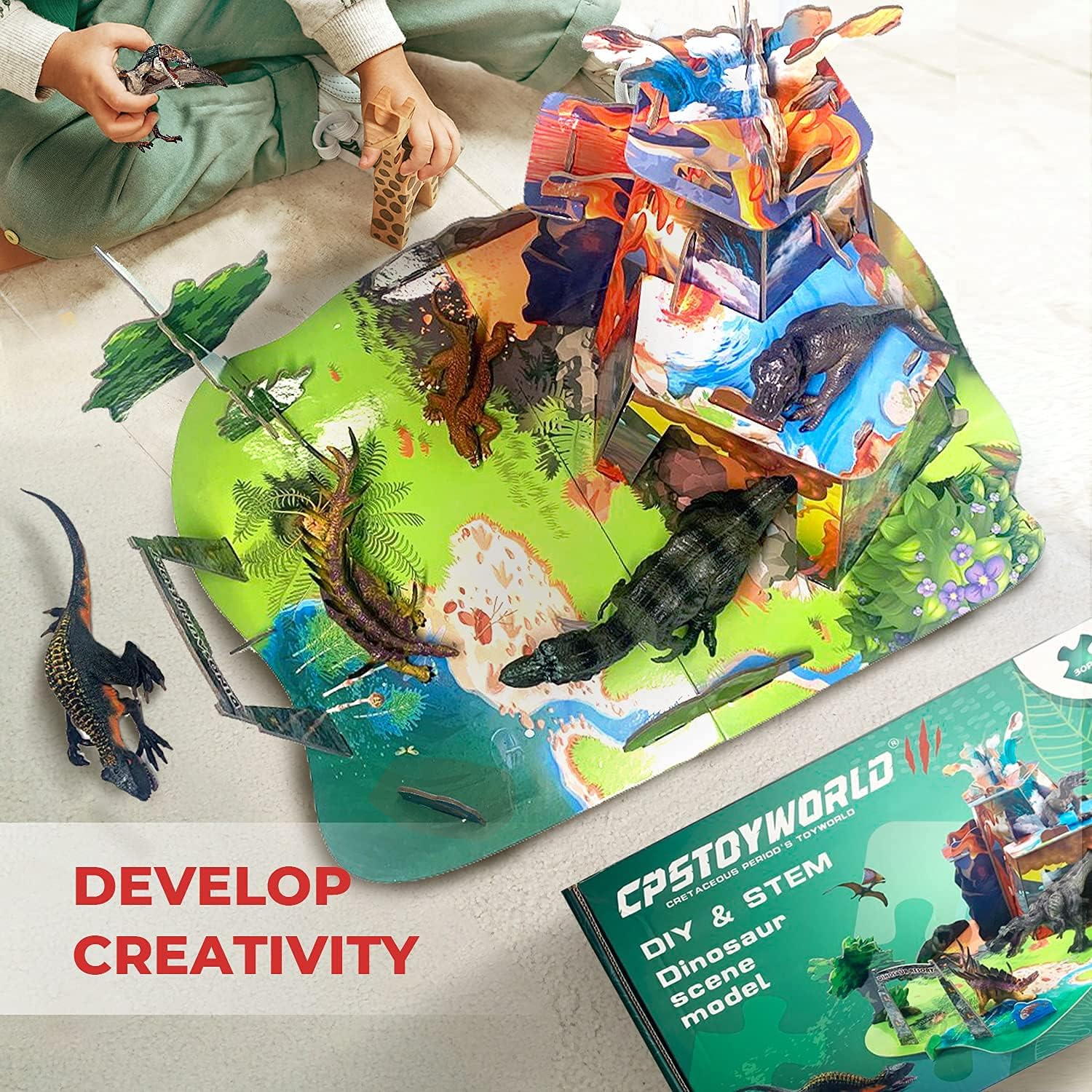 CPSTOYWORLD Realistic Dinosaur Toys for Kids, Large Dinosaur Figure Sets Including Movable T-Rex, Triceratops, Indoraptor and 3D Volcano Puzzles, Dinos Toys Gifts for Boys Girls Ages 3 Years & Up