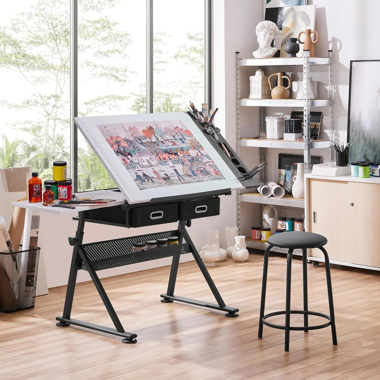 Height Adjustable Drafting Table Drawing Table Artist Desk Tilting Tabletop Art Craft Desk Watercolor Paintings Sketching Work Station w/2 Storage Drawers and Stool for Home Office