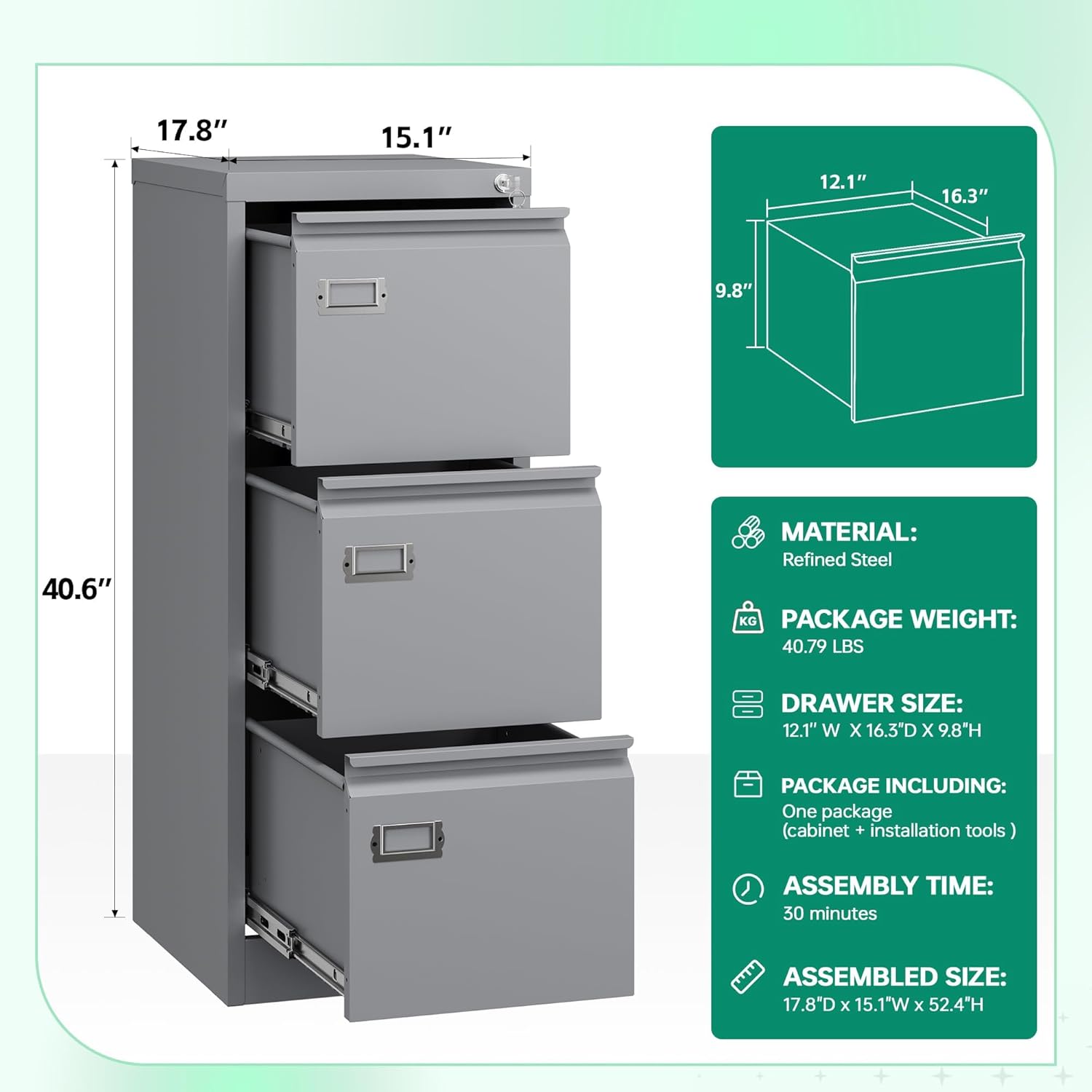 Letaya 3 Drawer File Cabinet with Lock,Metal Small Filing Cabinets for Home Office- Storage A4/F4/Letter/Legal -Assembly Required (Grey)