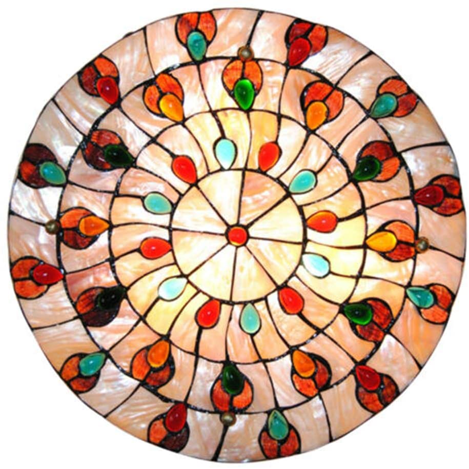 TFCFL Vintage Tiffany Ceiling Light, 20 Inch Flush Mount Stained Glass Hand-Made Art Deco Chandelier Lamp Fixture with Peacock Tail Painting Shade