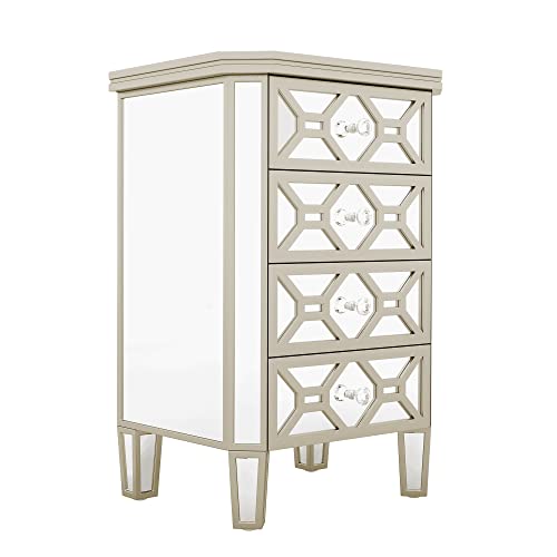 4-Drawer Chest Mirrored Bedroom Chests with Golden Lines, Crystal-Shape Knob, Glass Luster Tall Storage Cabinet for Bedroom Living Room, Entryway, Porch (Silver)
