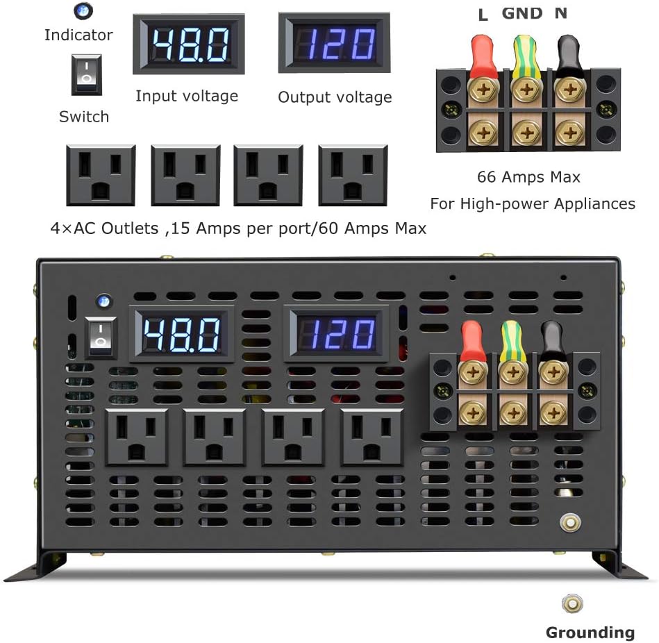 Reliable 8000W Continuous Power Heavy Duty Pure Sine Wave Power Inverter DC 48V to AC 120V with 4 AC Outlets Remote Control 66A Hardwire Terminal and LED Display for RV Car Solar System Emergency