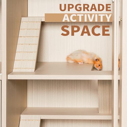 4-Tier Wooden Hamster Cage with Storage Cabinet, House for Rat Chinchilla, Openable Top, Acrylic Windows, Easy to Install, Waterproof, Suitable for Small Animals like Hamsters, Guinea Pigs (Teak)