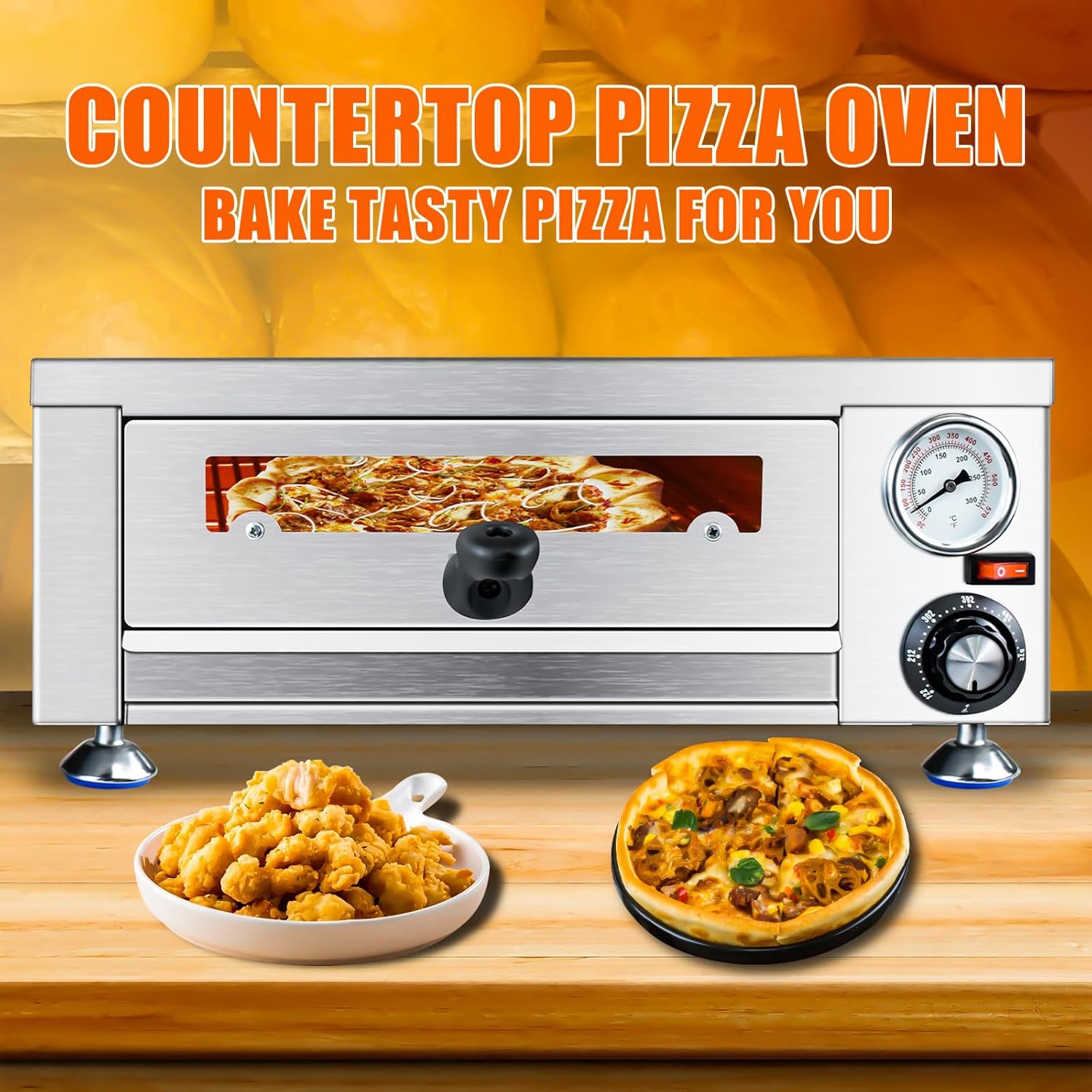 KOOTEH Electric Commercial Indoor Pizza Oven Stainless Steel Countertop Pizza Oven with Bread Crumbs 1100W Pizza Oven for home Restaurant