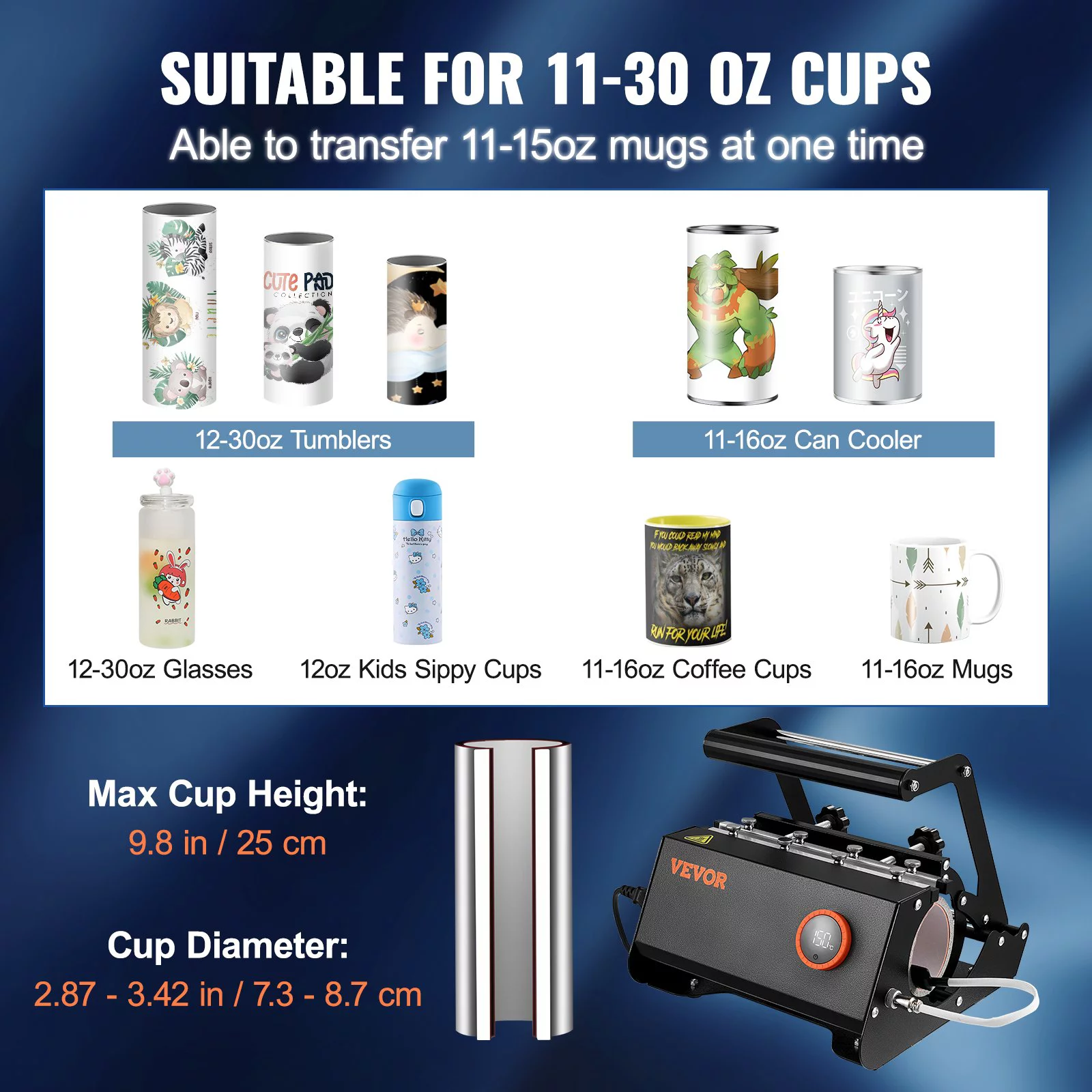 VEVOR Tumbler Heat Press, 30oz Mug Heat Press Machine Sublimation Transfer 11-15oz 16-25oz 30oz Straight Skinny Tumblers, Cup Heat Press with Heat-Resist Gloves & Tape, DIY Ceramic Mugs Cups Glasses