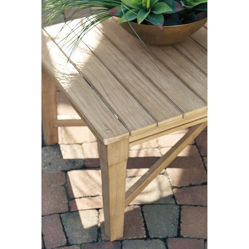 Signature Design by Ashley Carter Hall Outdoor Eucalyptus Patio Sofa with Cushion, Beige