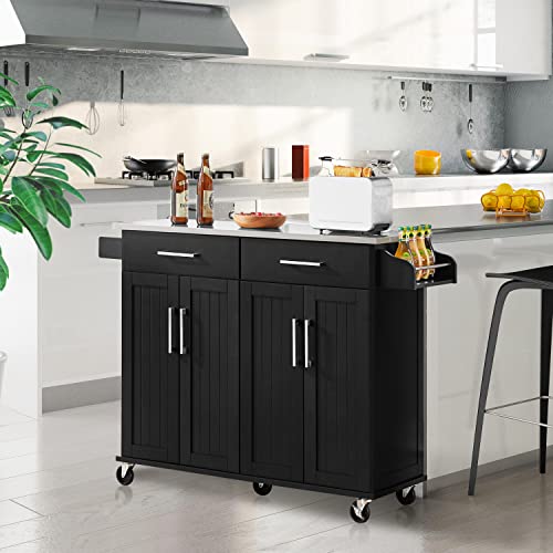 Yaheetech Kitchen Island Cart with Storage & Stainless Steel Countertop, Portable Kitchen Island on Wheels with Cabinet & Adjustable Shelves & 2 Drawers, Rolling Island Table for Kitchen, White