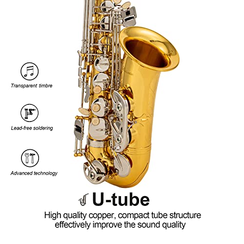Black/gold keys E Flat Alto Saxophone Brass Engraved Eb E-Flat Natural White Shell Button Wind Instrument with Case Belt Brush (Black/gold keys)
