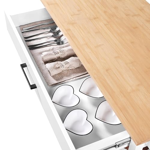 Yaheetech Kitchen Island Cart on Wheels with Bamboo Tabletop, 3-Tier Rolling Kitchen Island Microwave Cart with Drawer, Detachable Towel, 3 Hooks, 17" D x 37.5" W, White