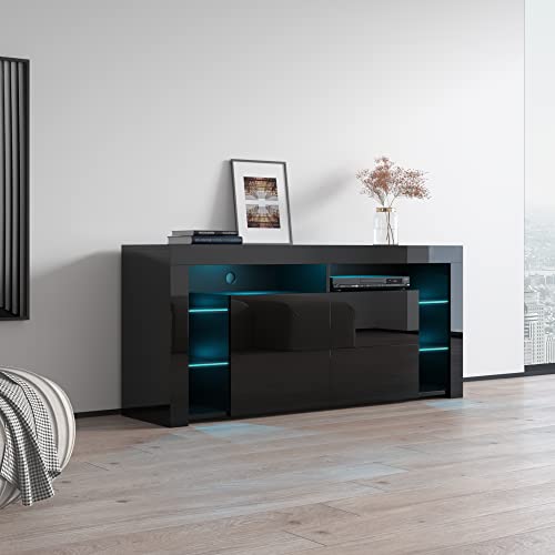 Minelli TV Stand for TVs up to 70", Modern High Gloss 61" Entertainment Center, TV Media Console with Storage Cabinets and LED Lights