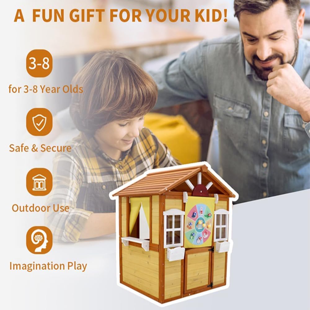 Wooden Playhouse for Kids, Outdoor Children Play House Garden Play House with Working Door and Windows for Children 3-10 Years Old