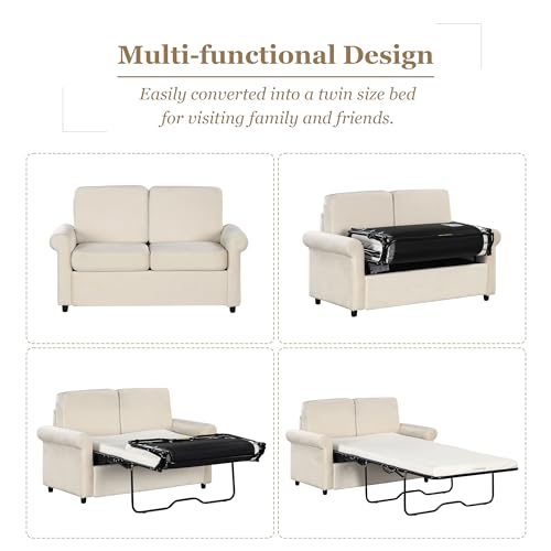57.4" Pull Out Sofa Bed,Sleeper Sofa Bed with Premium Twin Size Mattress Pad,2-in-1 Pull Out Couch Bed with Two USB Ports for Living Room,Small Apartment, Beige(Old SKU:WF296899) Living Room Furniture
