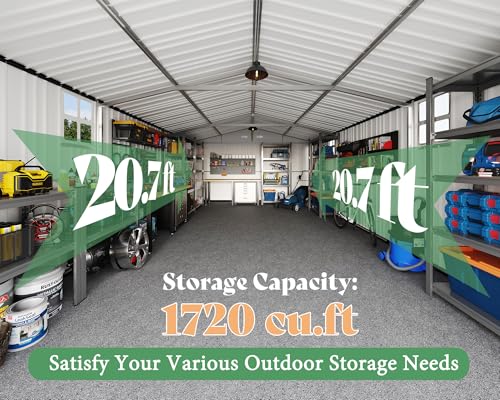 AMERLIFE 13.2x21x8 FT Outdoor Metal Garage Shed, Extra Large Storage Shed with Double Hinged Doors, 4 Windows, Carport for Car, Truck, Motorcycle and Lawn Equipment, Dark Grey