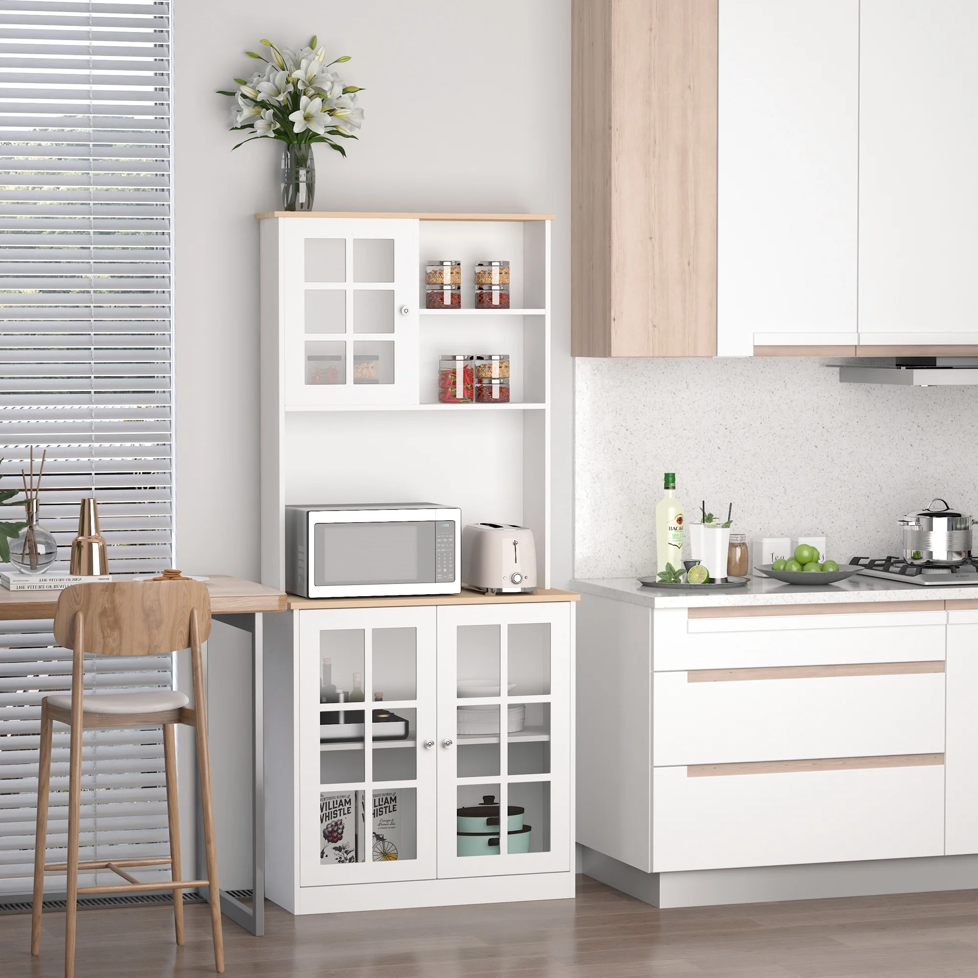 Homcom Kitchen Buffet with Hutch, Storage Pantry with 2 Cabinets, White