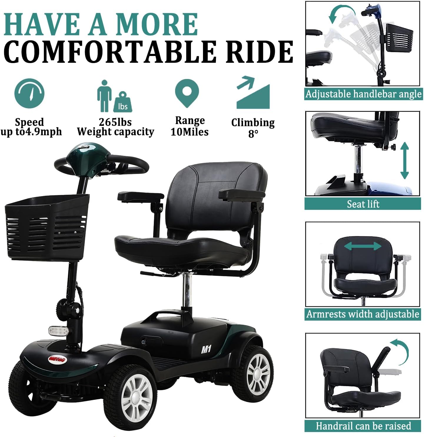 Electric Mobility Scooter for Adults Seniors Wheelchair Device for Travel 4 Wheel Folding Scooter with Seat-300 lbs Max Weight Long Range Power Extended Battery with Charger and Basket - Green