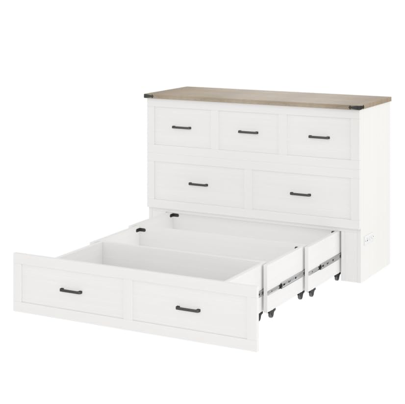 Bellemave Queen Murphy Bed, Cabinet Bed with Charging Station and Storage, Farmhouse Murphy Cabinet with Foldable Panel, Noisy Free, for Guest Bedroom, Living Room, Office, Rustic Gray