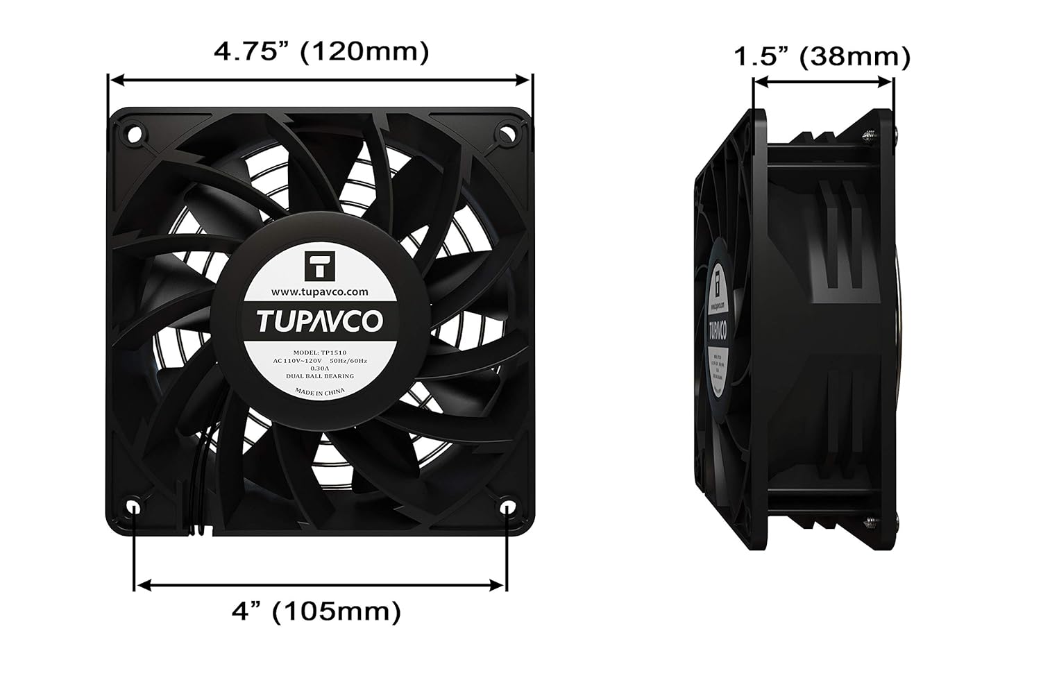 Network Cabinet Fan (Dual 2pc Kit) Server Rack Cooling (Rackmount Muffin Fans Pair 120mm 4in) 110V Cable (Extra Strong) Dual Ball for Side or Top Mount (Computer Equipment Ventilation) Tupavco TP1510