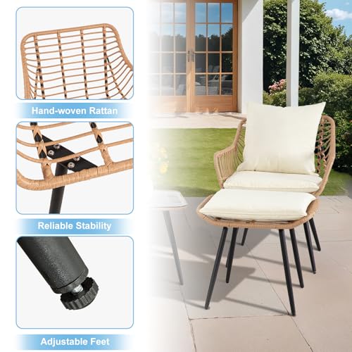 3 Pieces Patio Bistro Set, Outdoor Wicker Table and Chairs Set of 2, Rattan Balcony Furniture Set with Cushions for Front Porch Apartment Backyard Deck,Beige