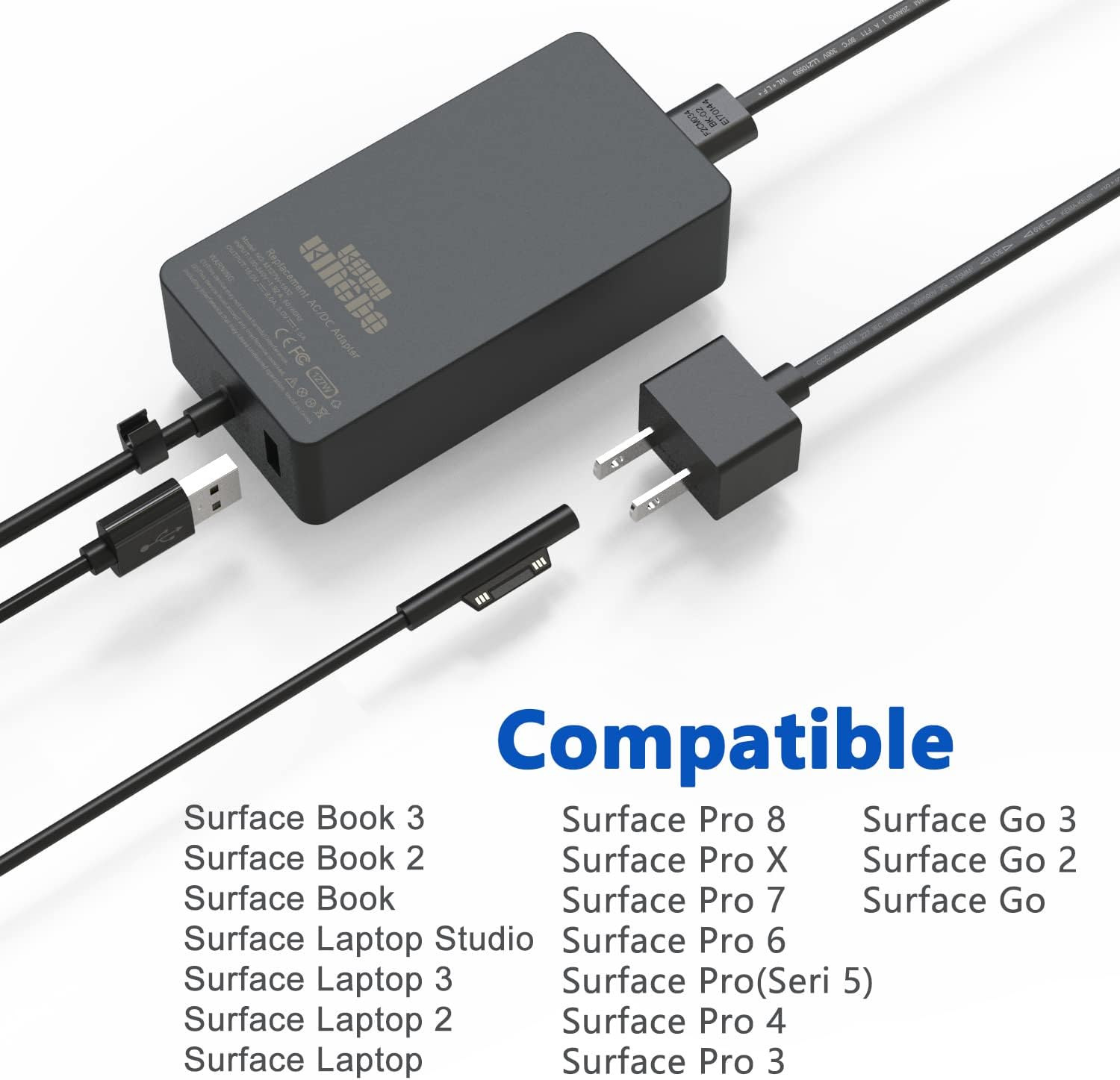 Surface Book 3 Charger, 127W 15V 8A Power Adapter Compatible with Surface Book 3/2/1, Surface Pro 8/Pro X/Pro 7/Pro 6/Pro 5/Pro 4/Pro 3,Surface Laptop Studio/3/2/1, Surface Go 3/2/1 With Carrying Case