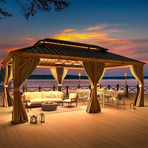 MELLCOM 12'x16' Hardtop Gazebo, Galvanized Steel Metal Double Roof Canopy with Curtains and Netting, Brown Permanent Pavilion Gazebos with Aluminum Frame for Garden, Patio, Lawns, Deck
