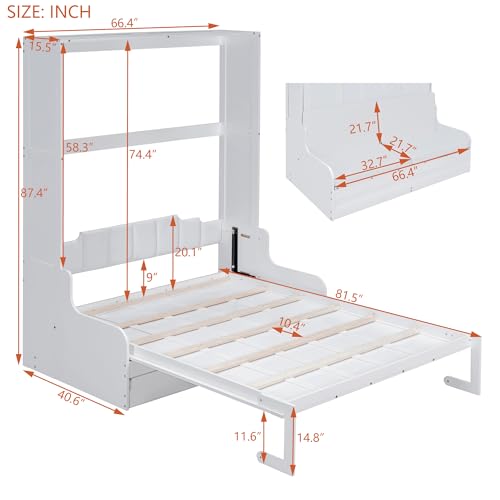 Modern Full Size Murphy Bed with Wardrobe, Versatile Foldable Wooden Bed Frame with Drawers and Open Shelves, Solid Wood Wall Bed for Apartments, Studio Bedroom Use, Space-Saving