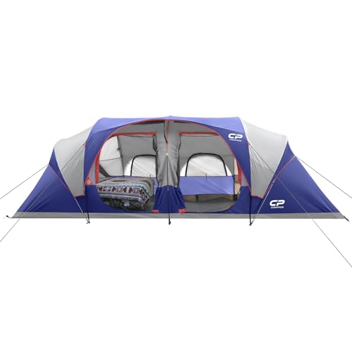 CAMPROS CP Tent 12-Person-Camping-Tents,3 Room Family Tents,Waterproof Windproof Family Tent with Top Rainfly,6 Large Mesh Windows,Double Layer,Easy Set Up, Portable with Carry Bag-20' x 9' x 72"(H)