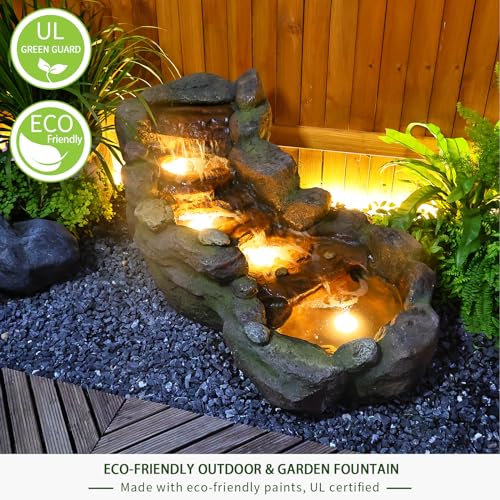 Garden Water Fountains outdoor Floor Standing, 3 Tier Rock Waterfall Fountain with LED Lights and Pump for Garden, Patio, Backyard, Deck, Porch and Home Art Deco, 56.3" Very Tall