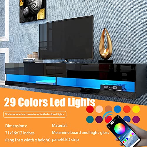 Floating TV Stand,70" Floating Entertainment Center High Glossy with LED Lights,Floating TV Stand Up to 80 Inch TVS,Wall Mounted TV Stand Media Console for 55+ inch TV,APP Control