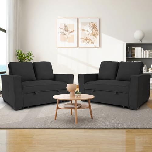 52" Convertible Sofa Bed, 3-in-1 Sleeper Sofa Pull-Out Bed, Multi-Functional Corduroy Futon Couch with Adjustable Backrest and Cup Holders, Loveseat Sofa for Small Space, Living Room, Black