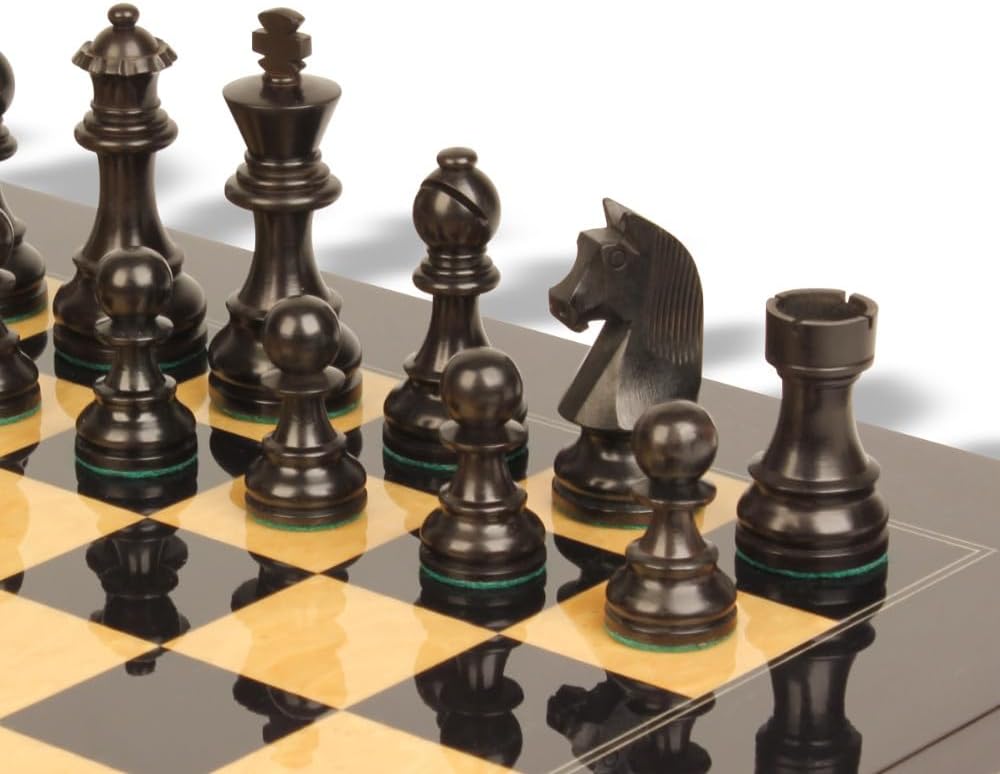 German Knight Staunton Chess Set Ebonized & Boxwood Pieces with Black & Ash Burl Chess Board - 3.75" King