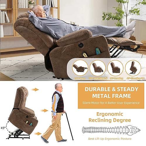 Large Electric Power Lift Recliner Chair with Extended Footrest for Elderly Big, Extra Large and Wide Reclining Sofa for Living Room, Home Theater Seating with Massage and Heat(Brown)