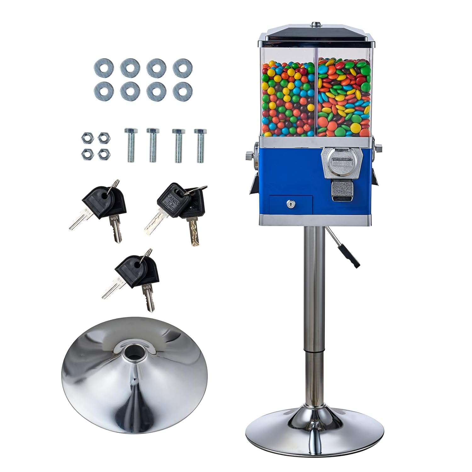VEVOR Commercial Vending Machine, Four Compartment Rotatable Gumball and Candy Dispenser, Adjustable Height Coin Operated Candy Bank with Iron Stand, for Business Toy Capsules Bouncy Balls Nut, Blue