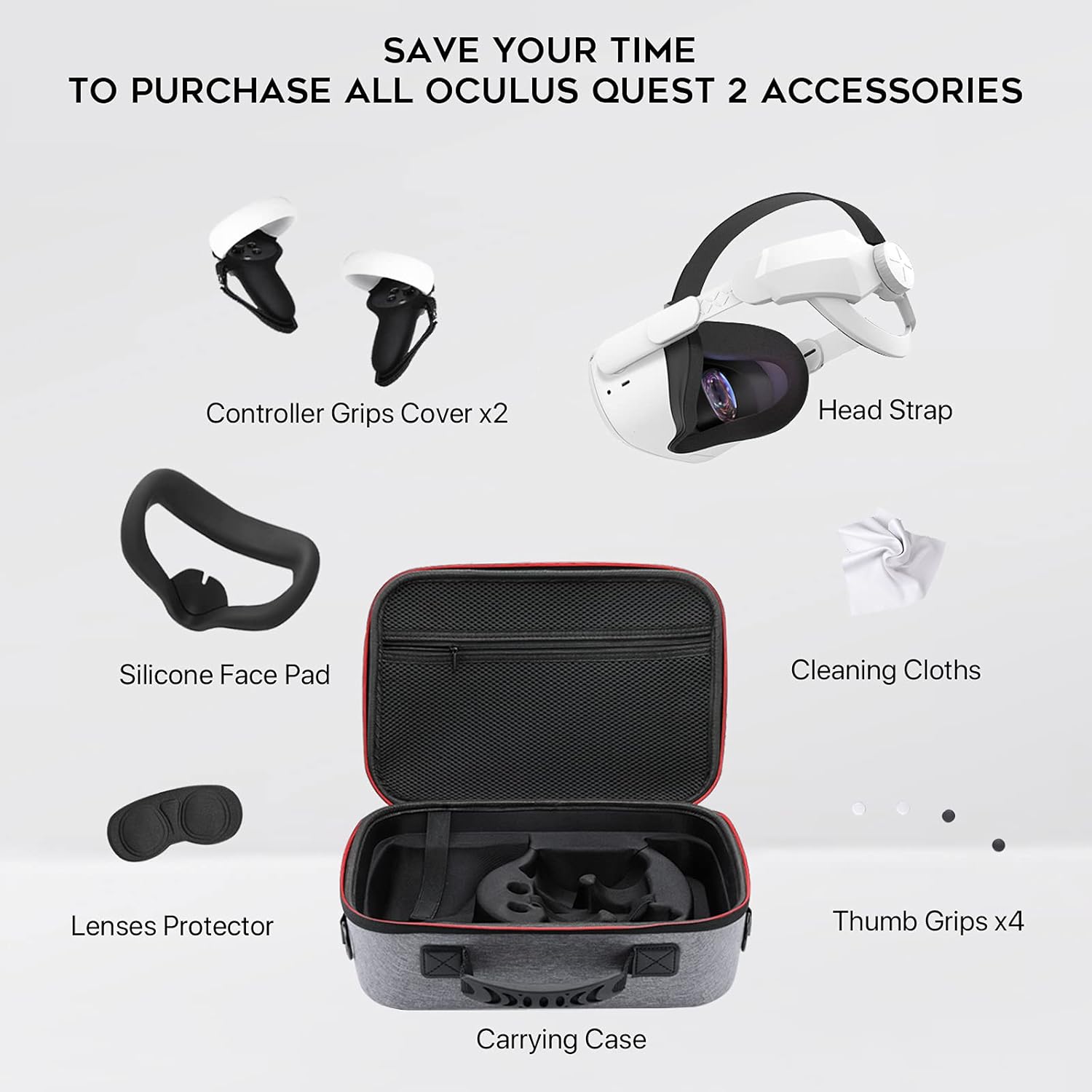 DESTEK All in One Oculus/Meta Quest 2 Accessories Bundle, Carrying Case Set Oculus Fit Pack for Quest 2 Included Head Strap, Controller Grips, Silicone Face Cover and Multiple Travel Games Kit (7PCS)