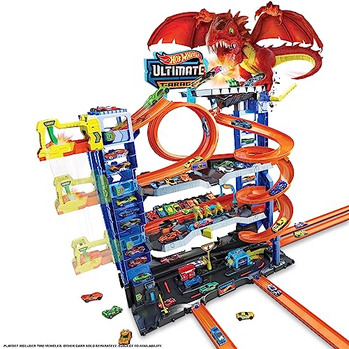 Hot Wheels City Toy Car Track Set Ultimate Garage with 2 Die-Cast Toy Cars & Car-Eating Dragon, Stores 50+ Vehicles, 4 Levels