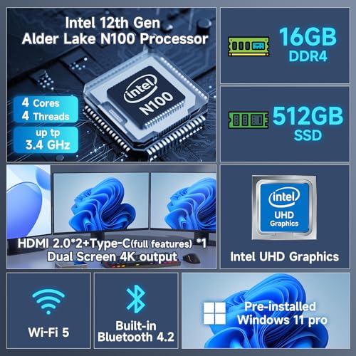 Bmax B4 Plus Mini PC, Intel N100(up to 3.4GHz), 16G DDR4/512GB SSD, Win-11 Pro, Type-C/HDMI Mini Desktop Computer, WiFi5 4K/60Hz Triple-Display BT4.2 Mini Computer for Business Home Office