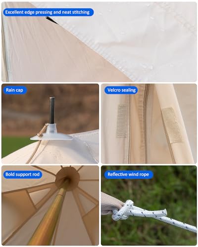 Canvas Bell Tent, 4 Seasons Yurt Tent with 2 Stove Jack, 4 Mesh Zippers Windows, Breathable Waterproof Tent Suitable for 4-12 People, Family Camping Outdoor Party