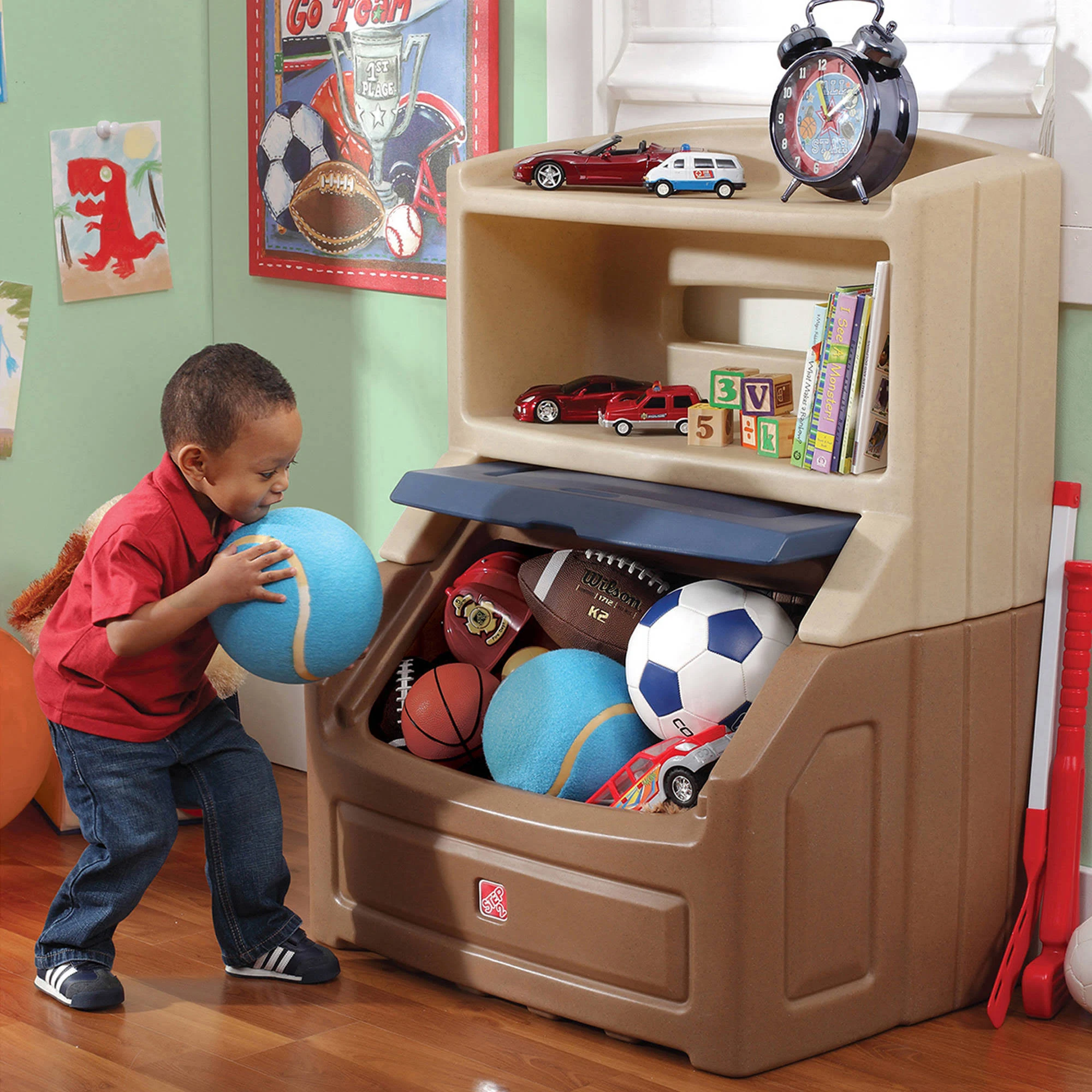 Step2 Lift and Hide Bookcase Storage Chest for Kids - Durable Plastic Toy Box Bookshelf Organizer, Tan/Blue