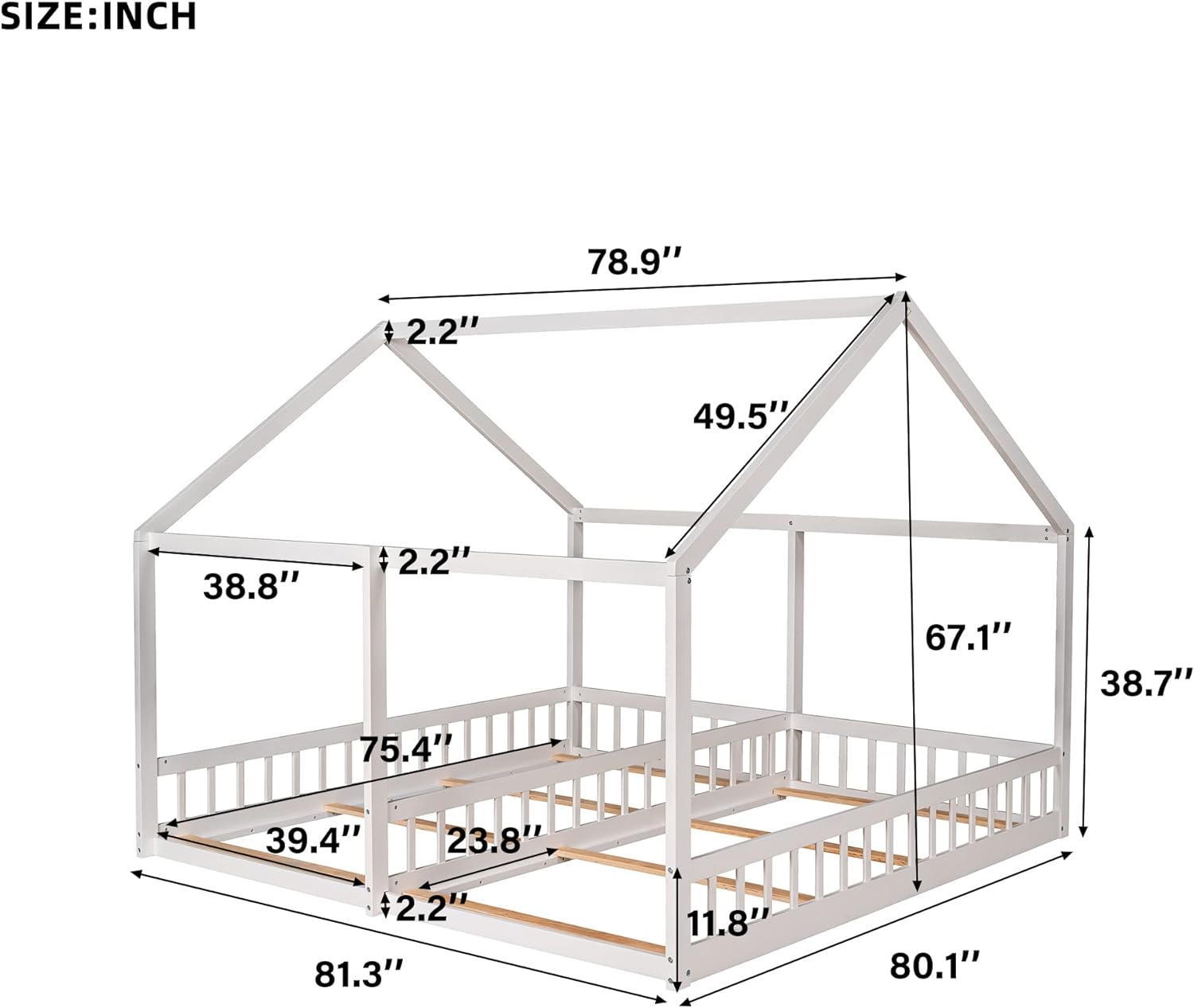 House Bed For 2 Kids, Double Shared Size Beds, Wooden Toddler, Montessori, Floor, Teens, Boys & Girls, Can Be Decorated Tent (Double, White)