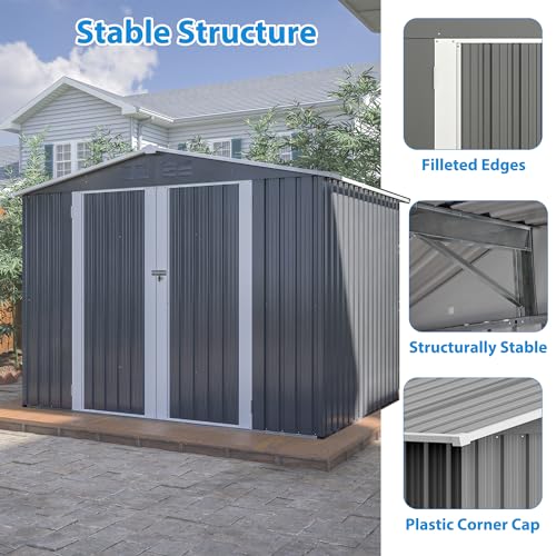 10 x 8 FT Outdoor Storage Shed, Metal Garden Shed with Floor Frame, Large Tool Shed Outdoor Storage with Lockable Sliding Doors & Air Vents, Storage House Waterproof for Backyard, Lawn, Gray