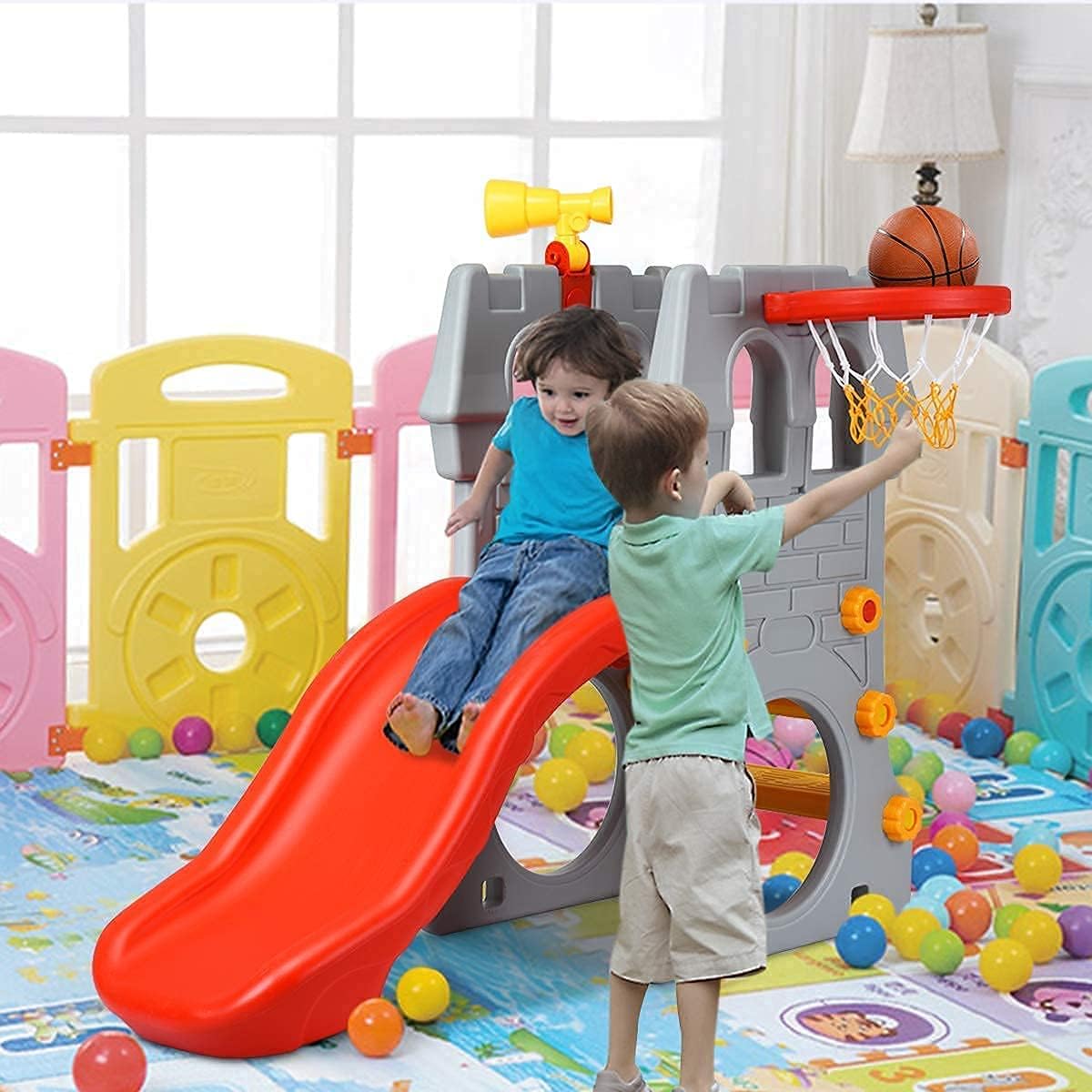 KOTEK Toddler Slide Indoor for Age 3-8, 5 in 1 Kids Climber Slide with Basketball Hoop, Telescope, Crawl Through Space & Climbing Stairs, Freestanding Kids Slide for Boys & Girls