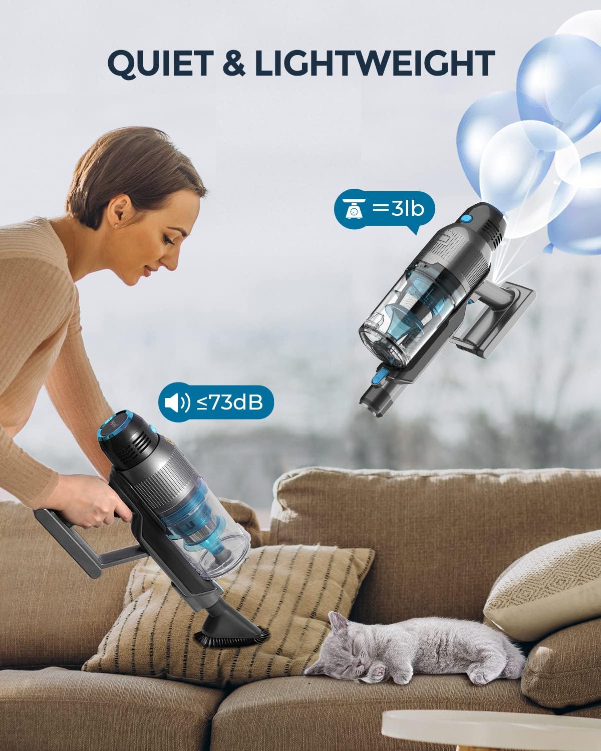 Syvio Cordless Vacuum Cleaner with Self Stand, 22KPa 235W Dry Lightweight Stick Vacuum 6 in 1, 40Min Runtime, Adjustable Height, LED Light, Rechargeable Battery for Floor, Carpet, Pet Hair, Quiet