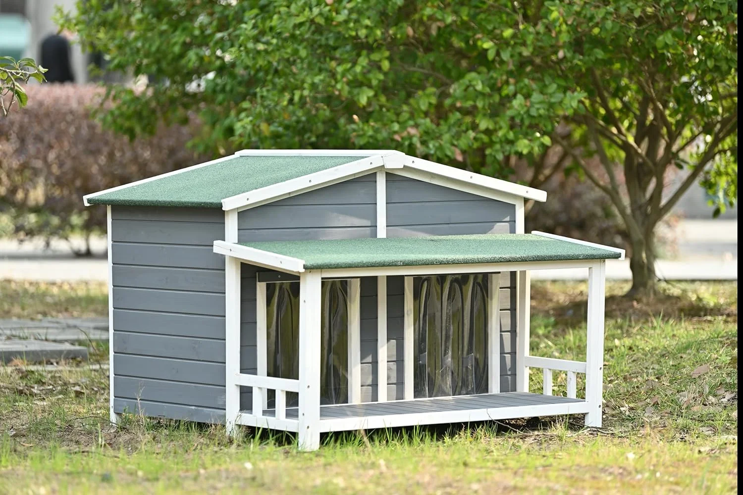 Large Wooden Dog House Outdoor, Outdoor & Indoor Dog Crate, Cabin Style, With Porch, 2 Doors, Gray And Green