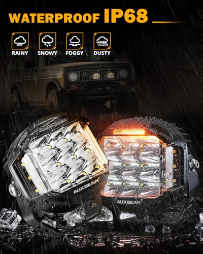 Auxbeam V-MAX Series 72W LED Pod Driving Lights, 4x2.5 Inch Rectangle Side Shooter Offroad Cube Spotlights with Amber DRL, 270° Combo Beam 6 Modes White/Amber/Yellow Auxiliary Lights with Covers