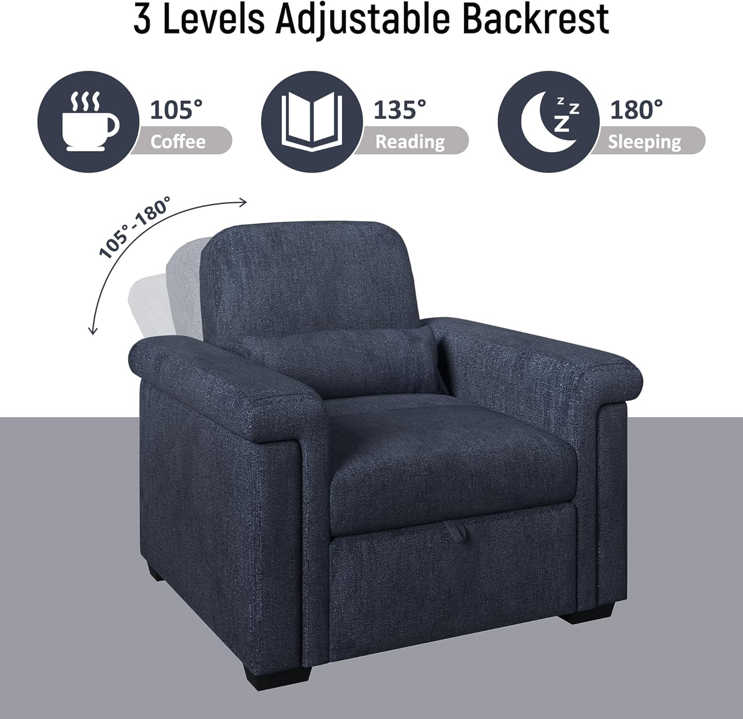 3 in 1 Convertible Sleeper Chair Sofa Bed Pull Out Couch Adjustable Chair with Pillow, Adjust Backrest into a Sofa, Lounger Chair, Single Bed or Living Room or Apartment, Dark Blue