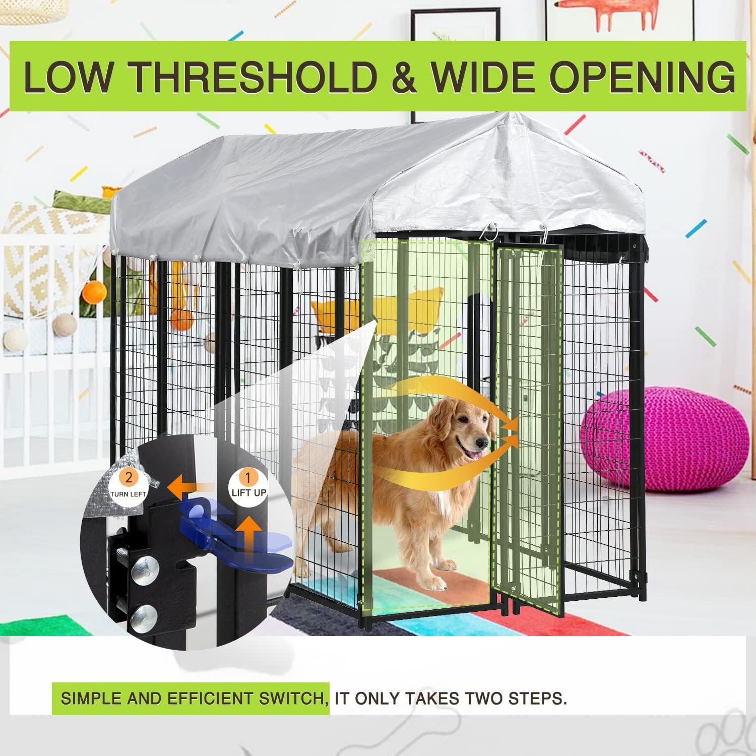 Dog Kennel Outdoor for Large Dog Heavy Duty Dog Fence Cage 8 X 4 X 6ft Metal Welded Wire Dog Pen with UV-Resistant Waterproof Roof