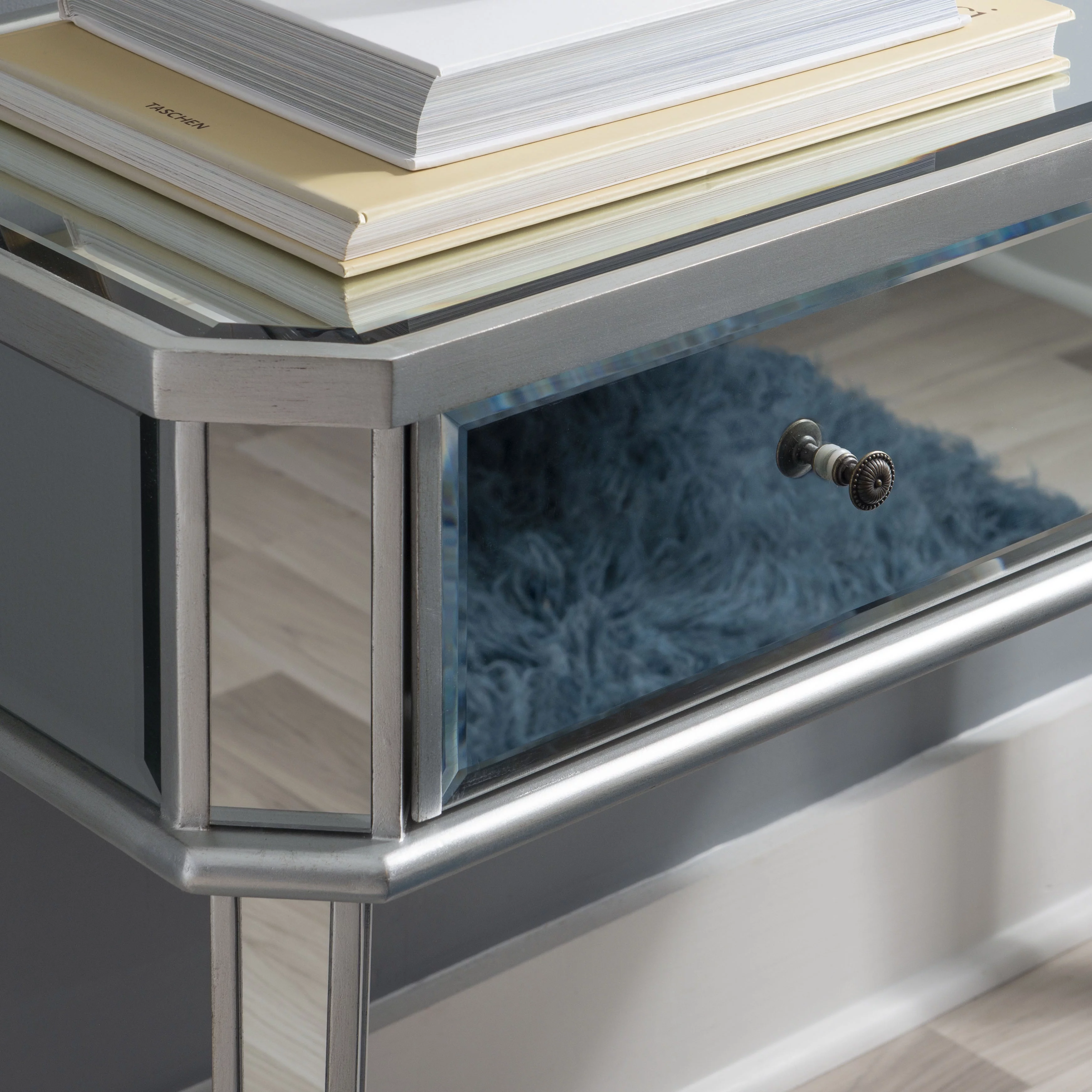 Powell Deville 2-Drawer Indoor Console Table, Mirrored Surfaces and Luxe Silver Wood