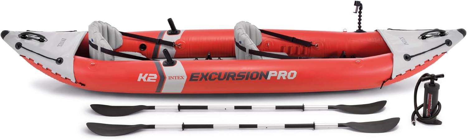 Intex 68309EP Excursion Pro K2 Inflatable Kayak Set: Includes Deluxe 86in Kayak Paddles and High-Output Pump – SuperTough PVC – Adjustable Bucket Seat – 2-Person – 400lb Weight Capacity
