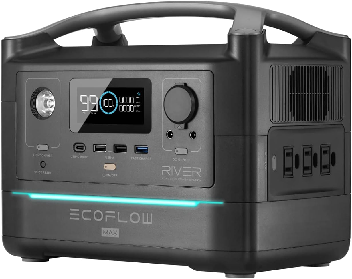 EF ECOFLOW Portable Power Station RIVER Max, 1.6hrs Fully Recharge 576Wh Home Backup Power with 3 x 600W (Peak 1200W) AC Outlets, Clean & Silent Solar Generator (Solar Panel Optional) for Outdoor Camping RV (Gray)