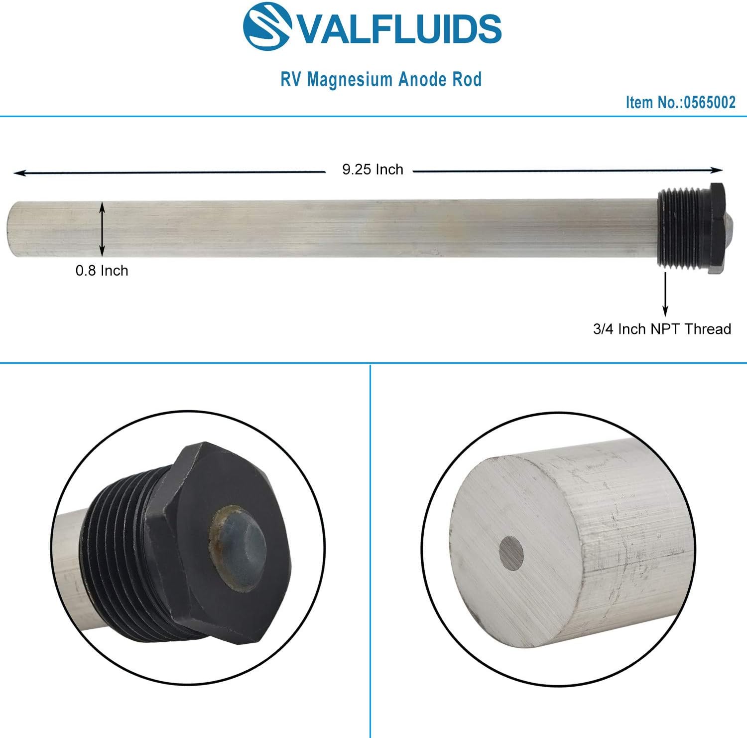 VALFLUIDS Magnesium Anode Rod with PTFE Thread Seal Teflon Tape, for RV Water Heaters and Camper Water Heater (9.25L x 3/4 NPT - 2 Pack)