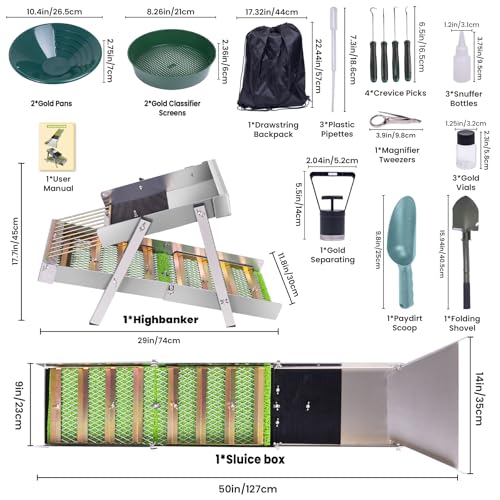 3 in 1 Highbanker Gold Panning Kit, Deformable 50" Folding Gold Sluice Box, Portable Mining Equipment for Adults, 34pcs Includes Gold Pan, Classifier Screen, Magnet, Backpack & Accessories